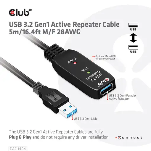 CLUB3D CAC-1404 cable USB USB 3.2 Gen 1 (3.1 Gen 1) 5 m USB A Negro