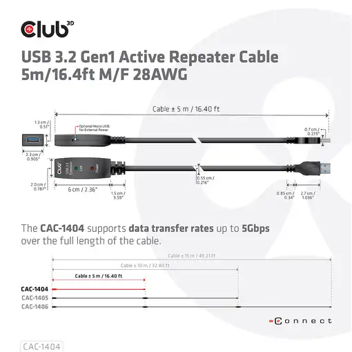 CLUB3D CAC-1404 cable USB USB 3.2 Gen 1 (3.1 Gen 1) 5 m USB A Negro