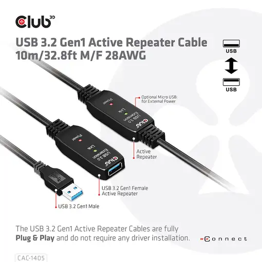 CLUB3D CAC-1405 cable USB USB 3.2 Gen 2 (3.1 Gen 2) 10 m USB A Negro