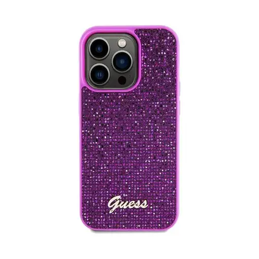 Funda Guess para Apple iPhone 14 Pro Max Color Fucsia con brillantes y logo dorad
