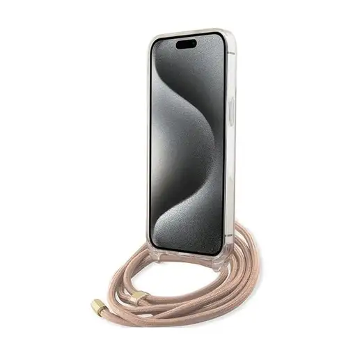 Funda Guess en Silicona diseño 4G con Cordón para iPhone 15 Pro color Rosa GUHCP1
