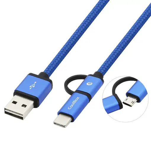 CoolBox CABLE TRENZADO DE USB-A A MICRO-USB Y USB-C AZUL