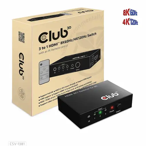 CLUB3D Conmutador 3 a 1 HDMI™ 8K60Hz/4K120Hz