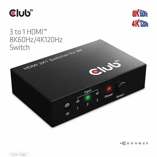 CLUB3D Conmutador 3 a 1 HDMI™ 8K60Hz/4K120Hz