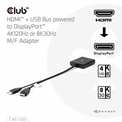 CLUB3D CAC-1335 adaptador de cable de vídeo 1 m HDMI + USB DisplayPort Negro