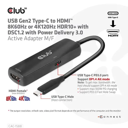 CLUB3D Adaptador activo USB Gen2 tipo C a HDMI™ 8K60Hz o 4K120Hz HDR10+ con DSC1.2