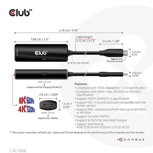 CLUB3D Adaptador activo USB Gen2 tipo C a HDMI™ 8K60Hz o 4K120Hz HDR10+ con DSC1.2