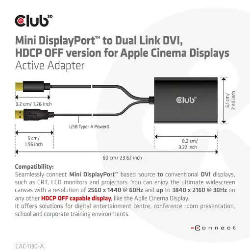 CLUB3D CAC-1130-A adaptador de cable de vídeo 0,6 m DVI-D Mini DisplayPort + USB T