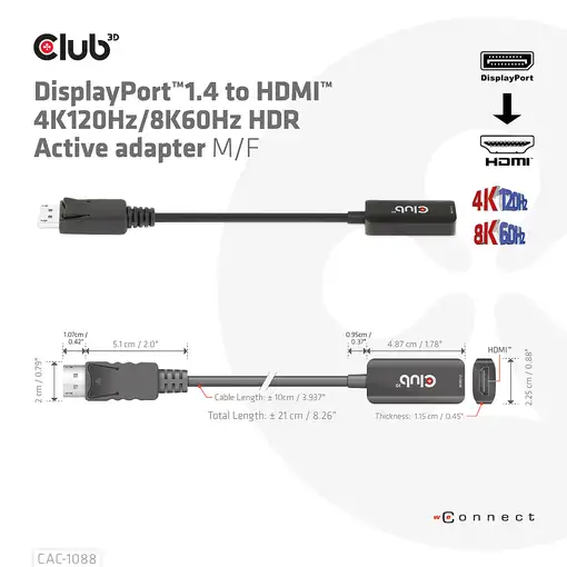 CLUB3D Adaptador activo DisplayPort™1.4 a HDMI™ 4K120Hz/8K60Hz HDR M/H