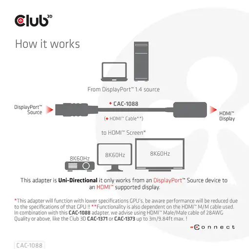 CLUB3D Adaptador activo DisplayPort™1.4 a HDMI™ 4K120Hz/8K60Hz HDR M/H