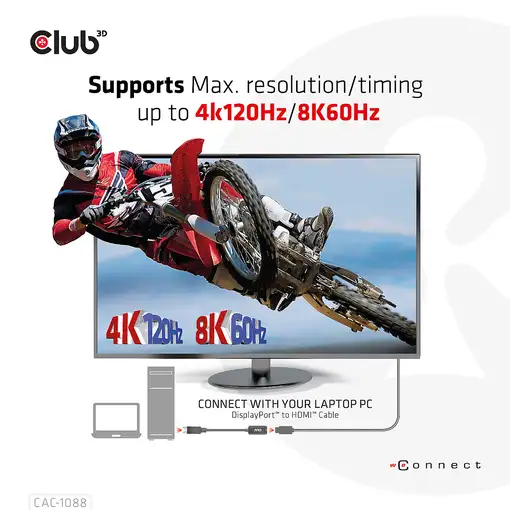 CLUB3D Adaptador activo DisplayPort™1.4 a HDMI™ 4K120Hz/8K60Hz HDR M/H