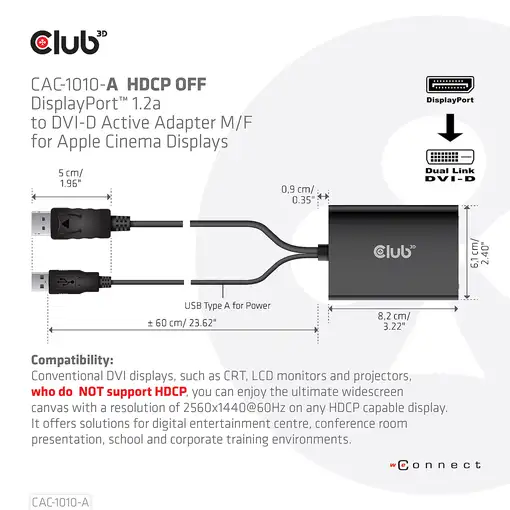 CLUB3D CAC-1010-A adaptador de cable de vídeo 0,6 m DisplayPort DVI-D + USB Negro
