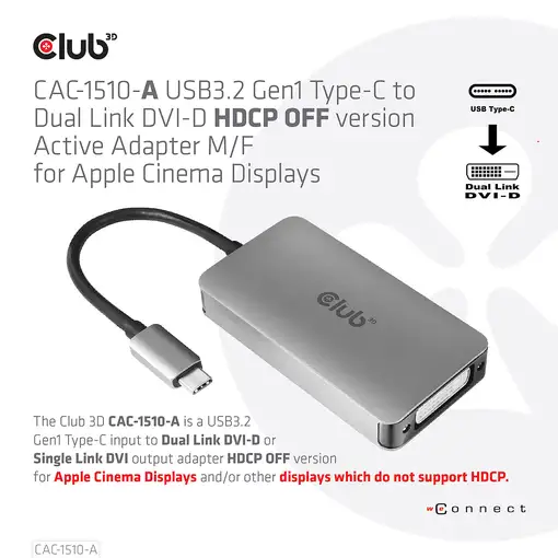 CLUB3D CAC-1510-A adaptador de cable de vídeo 0,25 m USB Tipo C DVI-D Gris