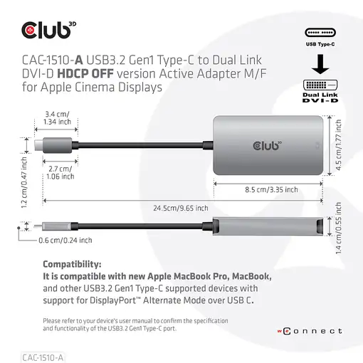 CLUB3D CAC-1510-A adaptador de cable de vídeo 0,25 m USB Tipo C DVI-D Gris