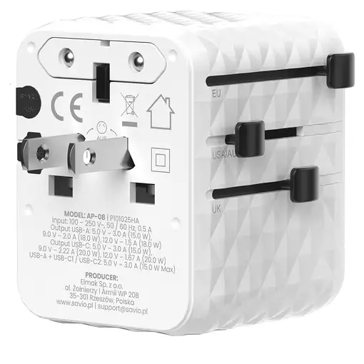 Savio AP-08 adaptador e inversor de corriente 20 W Blanco