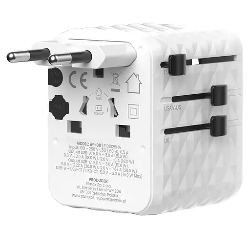 Savio AP-08 adaptador e inversor de corriente 20 W Blanco