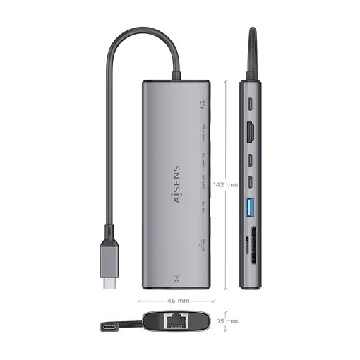 AISENS USB-C Dock 8 en 1, USB-C a 1xHDMI, 1xRJ45, 1xUSB-A 10G, 2xUSB-C 10G, 1xSD