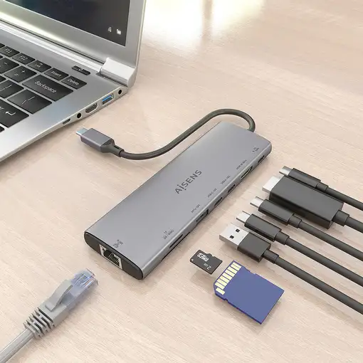AISENS USB-C Dock 8 en 1, USB-C a 1xHDMI, 1xRJ45, 1xUSB-A 10G, 2xUSB-C 10G, 1xSD