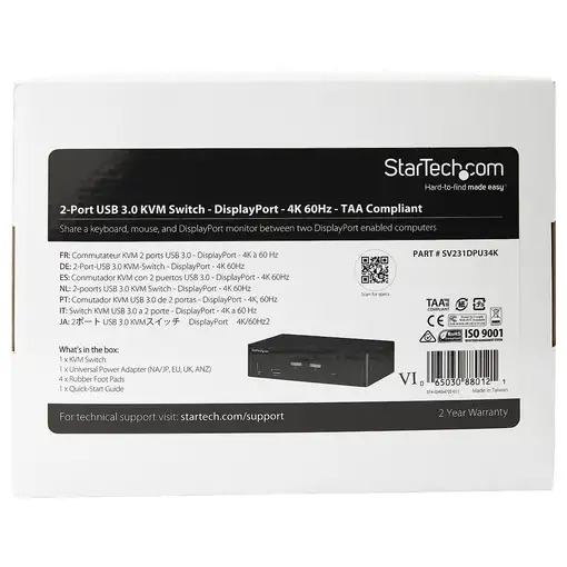 StarTech.com Switch Conmutador KVM de 2 Puertos DisplayPort - 4K a 60Hz