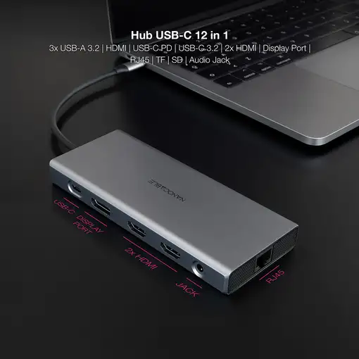Nanocable Hub USB-C 12 en 1, Conversor USB-C 3.1 a 3xUSB-A 3.2 + USB-C 3.2 + USB-C