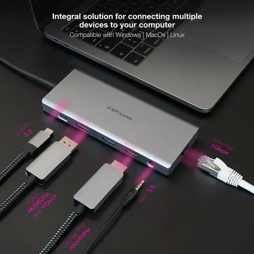 Nanocable Hub USB-C 12 en 1, Conversor USB-C 3.1 a 3xUSB-A 3.2 + USB-C 3.2 + USB-C