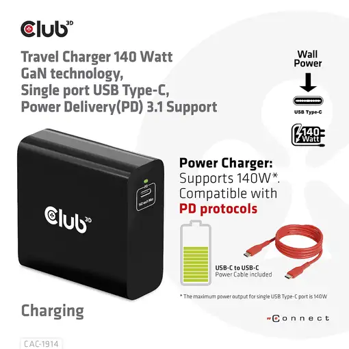 CLUB3D Cargador de viaje de 140 vatios con tecnología GaN, puerto único USB Tipo-C