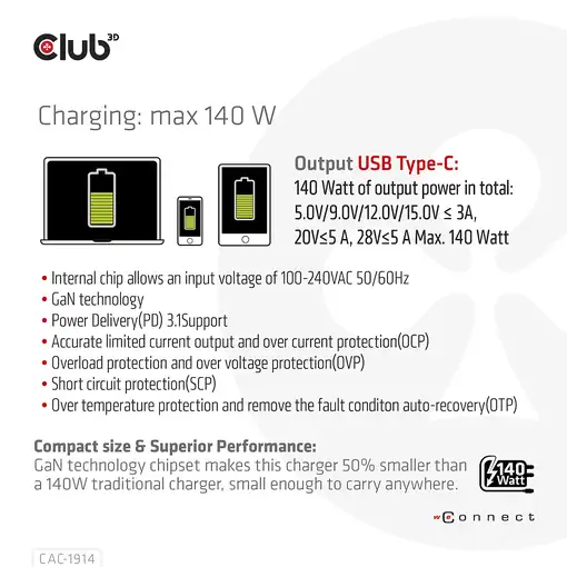 CLUB3D Cargador de viaje de 140 vatios con tecnología GaN, puerto único USB Tipo-C