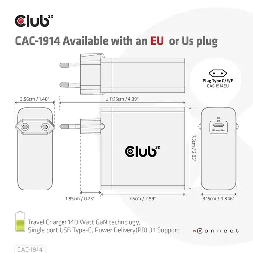 CLUB3D Cargador de viaje de 140 vatios con tecnología GaN, puerto único USB Tipo-C