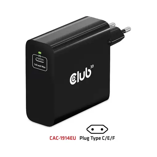 CLUB3D Cargador de viaje de 140 vatios con tecnología GaN, puerto único USB Tipo-C