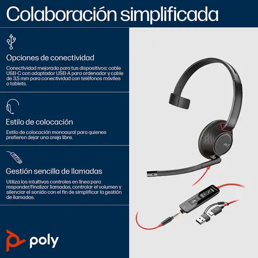HP Poly Auriculares Poly Blackwire 5210 monaural USB-C + conector de 3,5 mm + adap