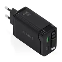 AISENS Cargador GaN 65W, 1xUSB-C Cable Retractil, 1xUSB-C PD3.0, 1xUSB-A QC3.0