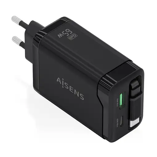 AISENS Cargador GaN 65W, 1xUSB-C Cable Retractil, 1xUSB-C PD3.0, 1xUSB-A QC3.0