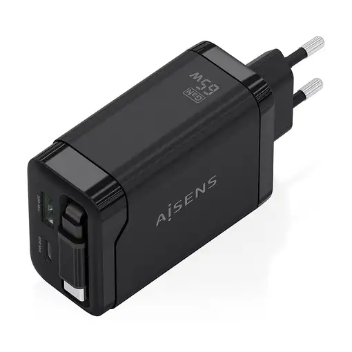 AISENS Cargador GaN 65W, 1xUSB-C Cable Retractil, 1xUSB-C PD3.0, 1xUSB-A QC3.0