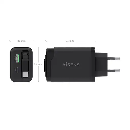 AISENS Cargador GaN 65W, 1xUSB-C Cable Retractil, 1xUSB-C PD3.0, 1xUSB-A QC3.0