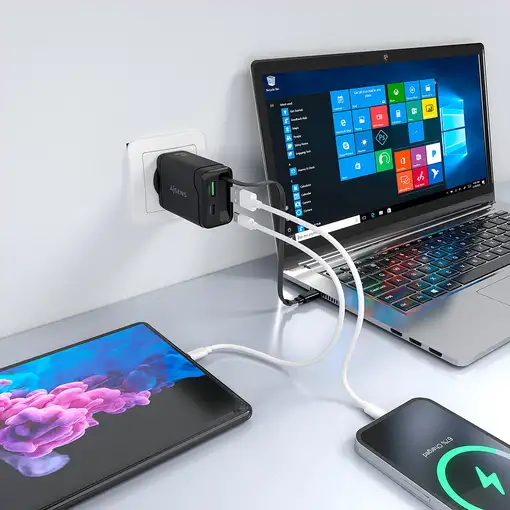 AISENS Cargador GaN 65W, 1xUSB-C Cable Retractil, 1xUSB-C PD3.0, 1xUSB-A QC3.0