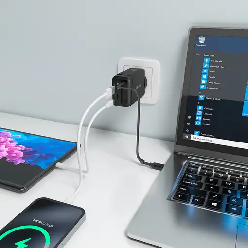 AISENS Cargador GaN 65W, 1xUSB-C Cable Retractil, 1xUSB-C PD3.0, 1xUSB-A QC3.0