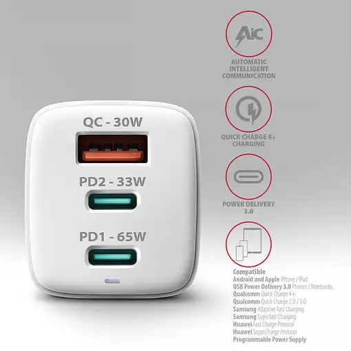 Axagon ACU-DPQ65W cargador de dispositivo móvil Teléfono móvil, Netbook, Portátil