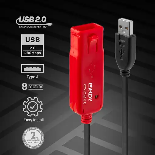 Lindy 42780 cable USB USB 2.0 8 m USB A Negro