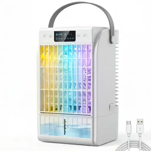 Mini Enfriador de Aire 4 en 1 4 Velocidades Luz RGB de 7 Colores Blanco HOMCOM Mini Enfriador de Aire 4 en 1 4 Velocidades Luz RGB de 7 Colores Blanco HOMCOM