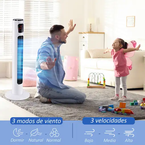 Ventilador de Torre 45W con Control Remoto 3 Velocidade 3 Modos Blanco HOMCOM