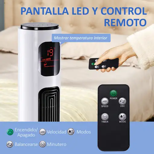 Ventilador de Torre 45W con Control Remoto 3 Velocidade 3 Modos Blanco HOMCOM