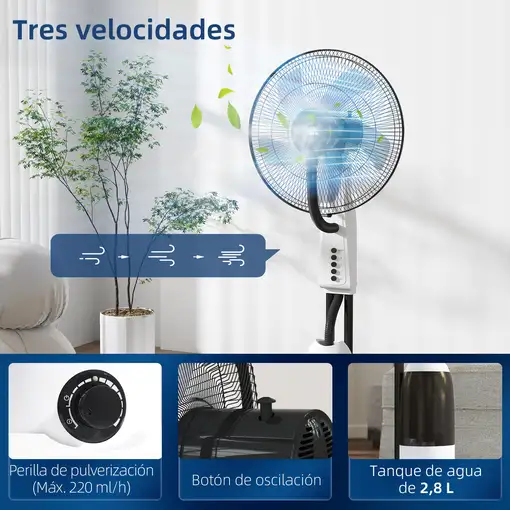 Ventilador Nebulizador Oscilante 90W Tanque 2,8L 3 Velocidades Blanco HOMCOM
