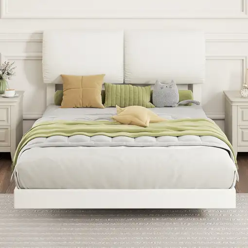 Cama Doble de 135x190 cm con Cabecero Acolchado Beige HOMCOM
