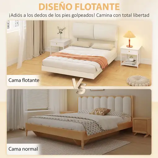 Cama Doble de 135x190 cm con Cabecero Acolchado Beige HOMCOM