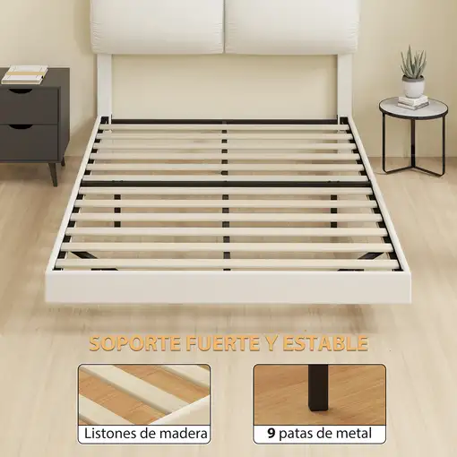 Cama Doble de 135x190 cm con Cabecero Acolchado Beige HOMCOM