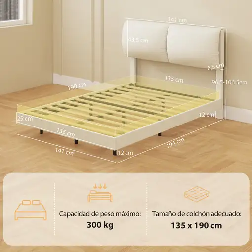 Cama Doble de 135x190 cm con Cabecero Acolchado Beige HOMCOM