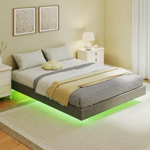 Somier 160x200 cm con Luces LED Láminas de Madera Tapizado en Lino Gris HOMCOM