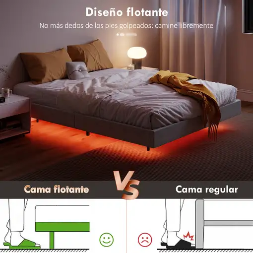 Somier 160x200 cm con Luces LED Láminas de Madera Tapizado en Lino Gris HOMCOM