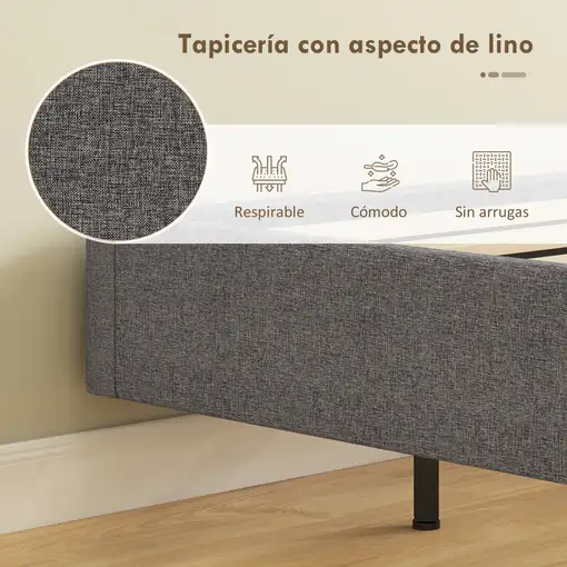 Somier 160x200 cm con Luces LED Láminas de Madera Tapizado en Lino Gris HOMCOM