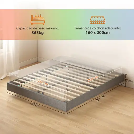 Somier 160x200 cm con Luces LED Láminas de Madera Tapizado en Lino Gris HOMCOM